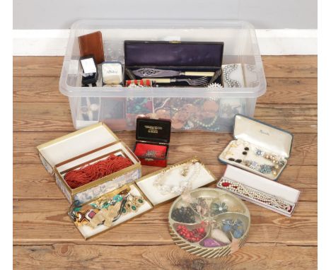 A large box of assorted items, to include quartz wristwatches, a large quantity of costume jewellery, silver collared fish se