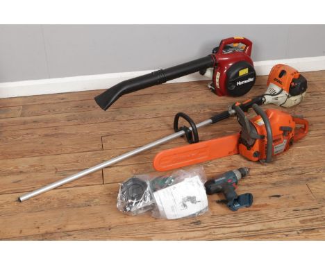 Husqvarna 120 petrol chainsaw with sharpening tool, Homelite leaf blower, Bosch drill etc