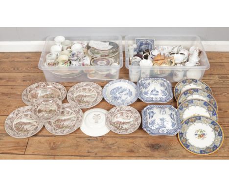 Two large boxes of mixed ceramics and pottery, including Johnson Brothers "Historic America" plates and bowls (7), Coalport c