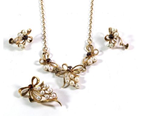 A 9 carat gold cultured pearl and garnet necklace, earrings and brooch suite.  Gross weight - 20.35 grams