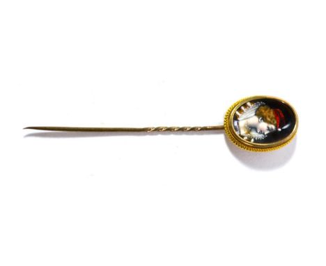 A limoges-style enamel stickpin, painted depicting a Renaissance lady, in a beaded border, plaque measures 2cm by 1cm .  The 