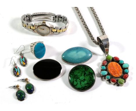 A Ruskin brooch, of lenticular from, stamped 'sterling', measures 2.5cm by 4.5cm; a Sekonda wristwatch; together with various