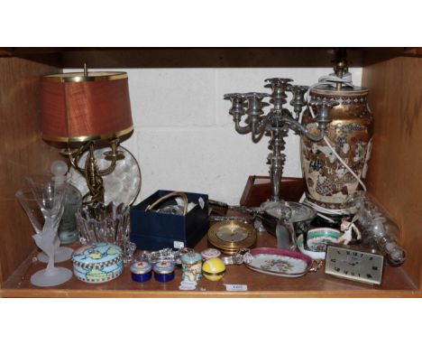 An antique Satsuma vase as a lamp; a brass lamp; a metal candelabrum; together with sundry small decorative items including: 