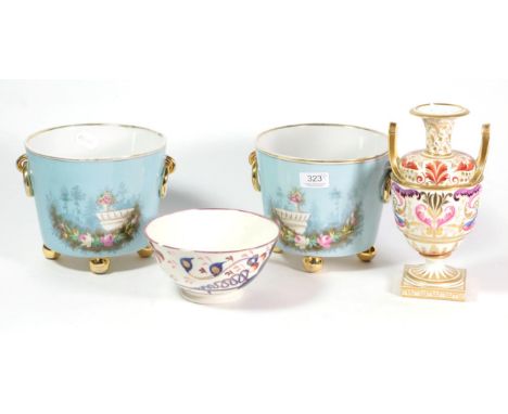 A pair of KPM porcelain cache pots, each with floral decoration and twin ring handles; a Royal Crown Derby twin-handled vase 