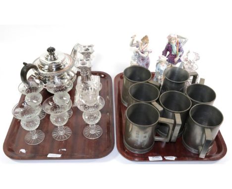 A pair of Edwardian silver Corinthian column candlesticks, plated teapot, pewter mugs, six thistle form glasses, decanter, fo