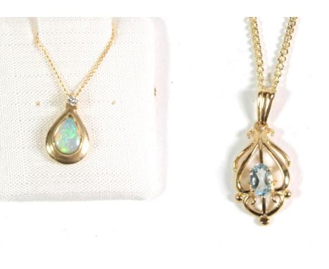 An opal and diamond pendant stamped '375' on chain stamped '375', pendant length 1.5cm, chain length 40cm; and a 9 carat gold