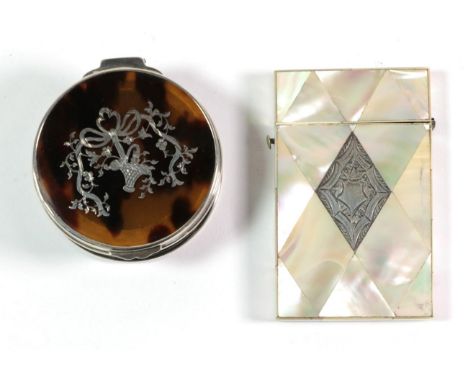 A silver and tortoiseshell circular box; and a mother of pearl card case (2) 