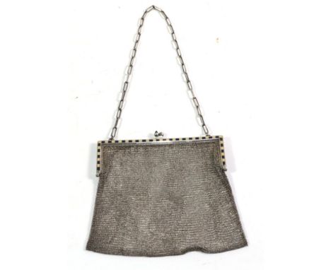 A silver and enamel mesh purse 