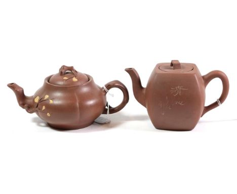A Yixing stoneware teapot and cover, Qing Dynasty, of fluted oval form with crabstock spout and handle, seal mark, 21cm long;