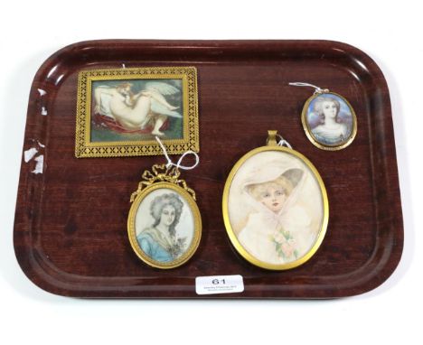 A portrait miniature of Leida and the swan, initialled P H, lower right; together with three portrait miniatures (4) 