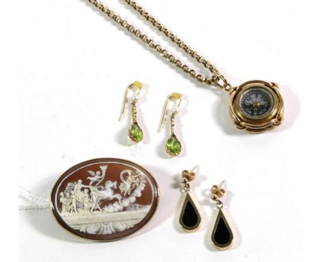 A 9 carat gold Neo-Classical cameo brooch, measures 3.75cm by 4.75cm; together with a pair of 9 carat gold, peridot and seed 