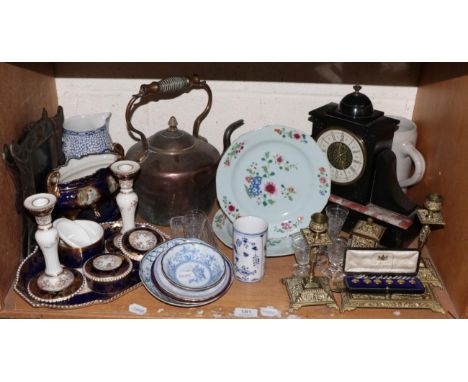 A group of 19th century and later items including Royal Artillery brass desk stands; a pair of Arts &amp; Crafts copper figur