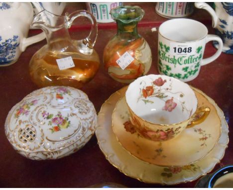 A small quantity of ceramics and glassware comprising Royal Worcester porcelain trio with floral decoration on a blush ivory 