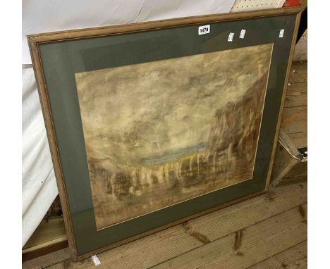 A framed vintage watercolour, depicting a coastal view - a/f