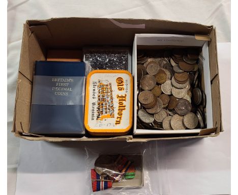 A box containing a collection of assorted GB cupro-nickel coinage - sold with three tins with copper and cupro-nickel content