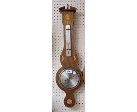 A small Edwardian style inlaid mahogany framed banjo barometer/thermometer with aneroid works