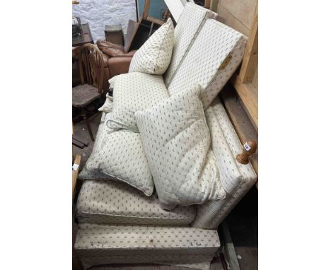 A 1.7m modern Knoll settee with cream machine tapestry upholstery and braided tiebacks, set on casters - sold with a small ma