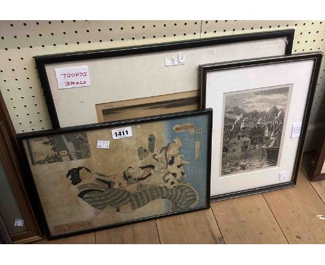 A framed Japanese coloured wood block print (discolouration) - sold with a signed limited edition monochrome etching, depicti