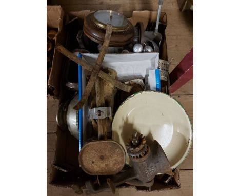 A box containing assorted metalware and collectable items including scales, mincer, wall barometer, etc.