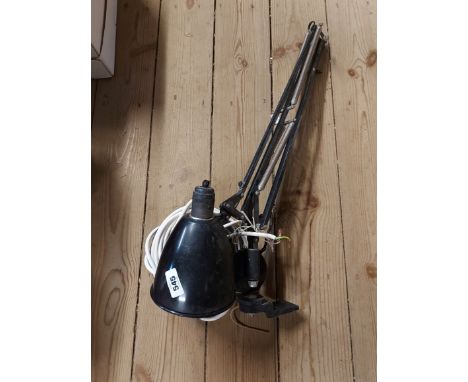 A vintage Herbert Terry industrial clamp-on anglepoise work lamp, with black enamelled shade