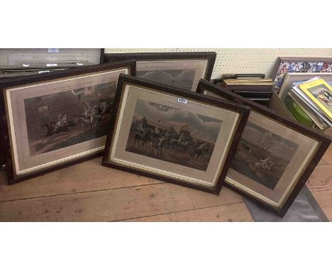 Henry Alken: a set of four antique oak framed medium format coloured prints entitled 'The First Steeple-Chase on Record', pla
