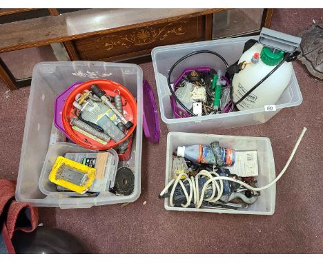 Three crates containing assorted tools, fittings, angle grinder, etc.