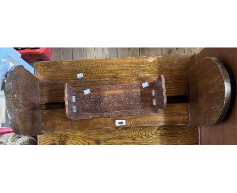 A 61cm vintage oak book trough with carved decoration - sold with a hardwood book slide