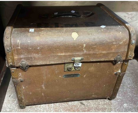 A vintage Barkers (Kensington) brown canvas clad traveling trunk with leather carrying handle