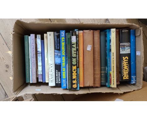 A box containing a collection of mainly hardback assorted railway interest books including O.S. Nock and Hamilton Ellis, also
