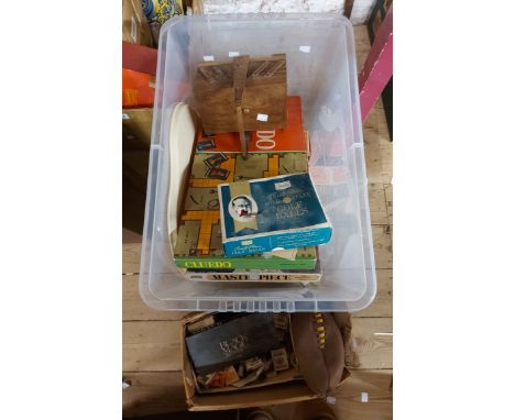 A box containing a vintage teasmade, a Pifco electric massager, small sewing box, a quantity of vintage match boxes, etc.