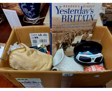 A box containing mixed collectable items including a pair of vintage Giorgio Armani lady's sunglasses, decorative metal egg s