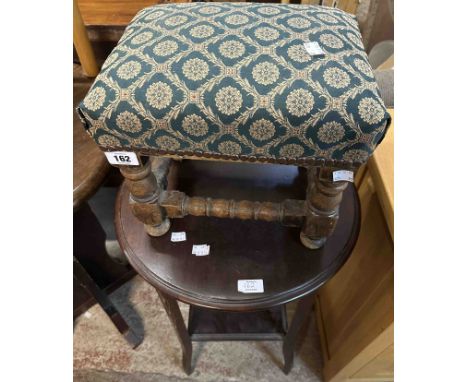 An old stained beech footstool with later studded machine tapestry upholstered top, set on bobbin turned supports - sold with