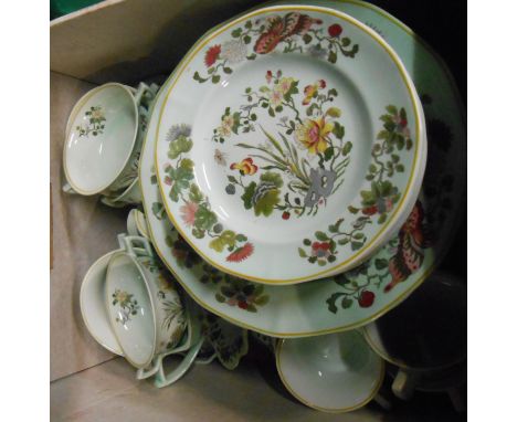 A box containing a quantity of Adams pottery Calyx Ware tableware decorated in the 'Ming Jade' pattern including two handled 