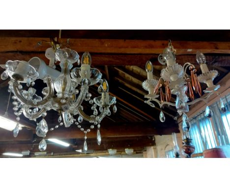 A vintage moulded glass five branch chandelier decorated with faceted drops - sold with decorative white metal and glass four