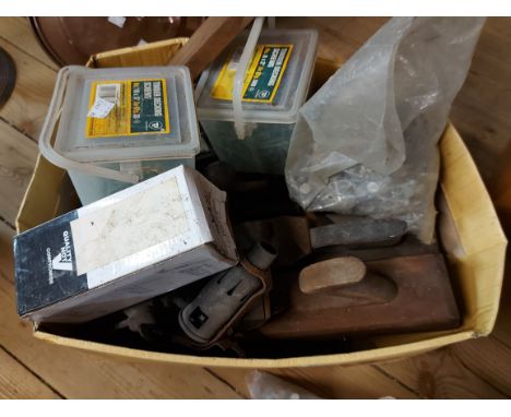 A box containing a quantity of tools and other items including Stanley No.45 plane, wooden planes, blow lamps, etc.