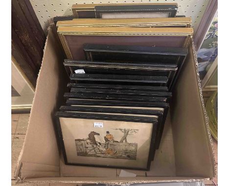 A box containing a selection of framed small format coloured hunting prints, monochrome architectural etchings and bookplates