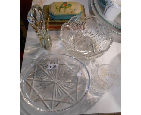 A small selection of glassware including Murano duck figurine, cut glass bowl, etc. - sold with two vintage advertising tins