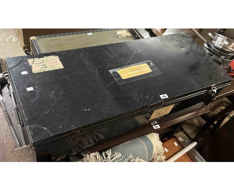 A 1.07m vintage military japanned tin uniform trunk - with HMS Pembroke interest labels and flanking drop handles