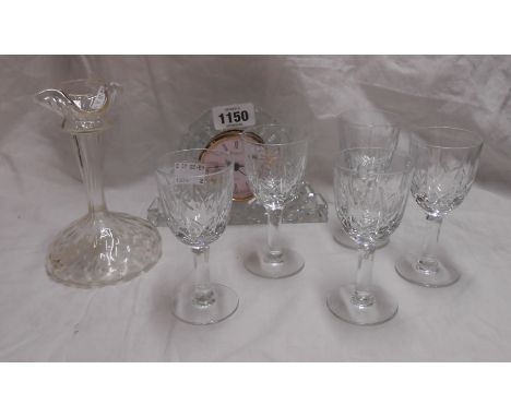 A small quantity of glassware comprising Waterford crystal mantel clock, five Edwardian cut glass sherrys and a vase