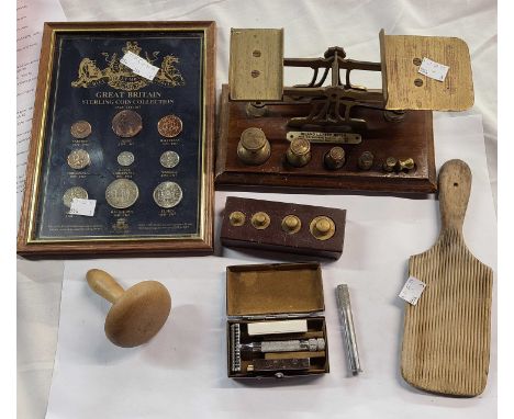 A box containing a quantity of collectable items including a set of postal scales and weights, further set of weights, framed