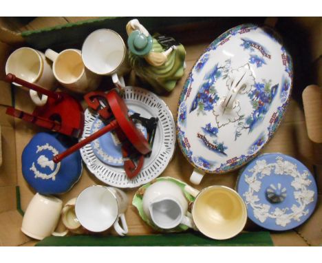 A box containing a quantity of ceramics including Royal Doulton bone china figurine, Wedgwood Jasper trinket boxes, commemora