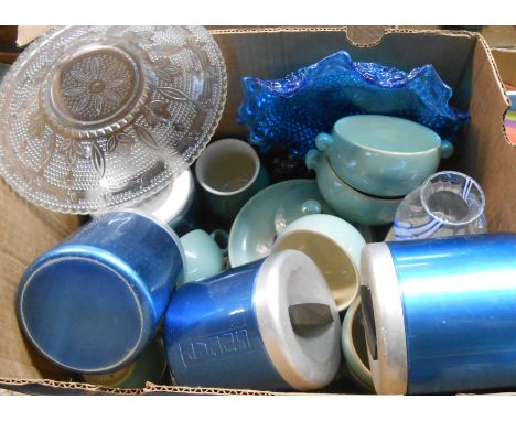 A box containing a quantity of Denby stoneware tableware with the meadow green glaze including cups and saucers, bowls and a 