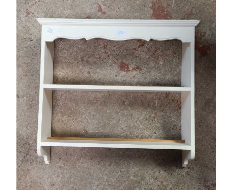 A 62cm modern white painted wood two shelf open plate rack