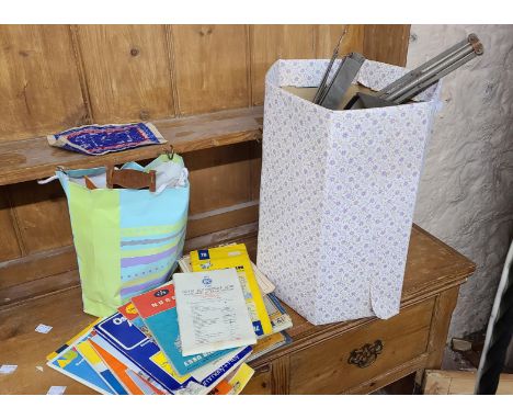 A box containing a quantity of collectable items, including vintage maps, dolls house furniture, a music stand, etc.
