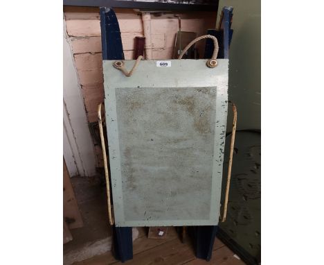 A vintage blue painted wooden sledge with metal handrails - a/f