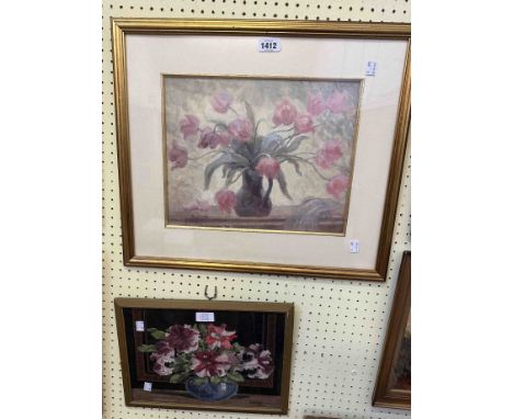 †Rossiter: a vintage gilt framed watercolour still life with glass vase containing flowers - signed - sold with a larger gilt