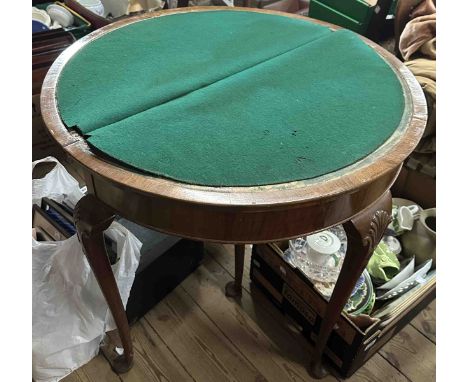 A 76cm early 20th Century figured walnut veneered demi-lune fold-over card table, set on cabriole legs with pad feet - wear