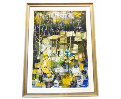 †Karsa: a vintage framed Balinese oil on board, depicting stylised figures and vendor - signed and dated 71 - 68cm X 47.5cm