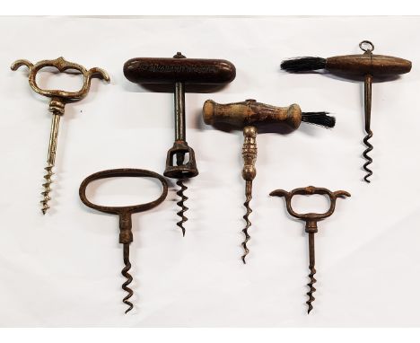A bag containing six antique and later corkscrews including J &amp; W Hardie `The Antiquary Corkscrew`, etc.