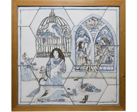 LINDA KINLOCHLEVEN ART TILE ARTWORK
signed Linda, ceramic figurative panel, made from twelve shaped tiles, decorated with fig